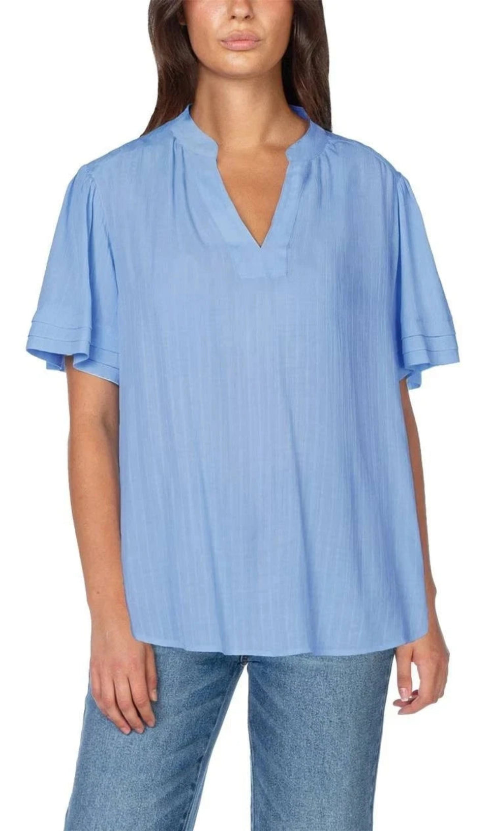 Well Worn Women's Blue Cuffed Ruffle Sleeve V-Neck Blouse
