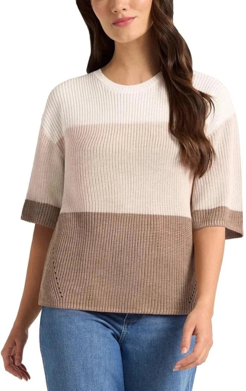 Matty M Women's Taupe Elbow Sleeve Color block Sweater