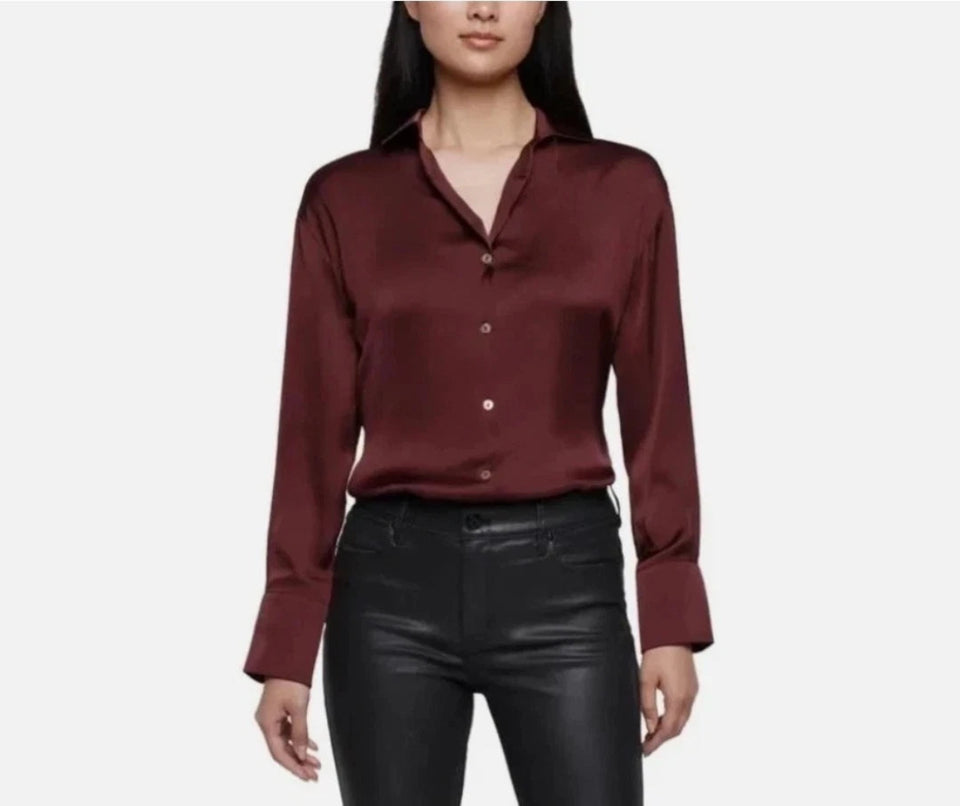 Express Women's Plum Button Down V-Neck Long Sleeves Shirt