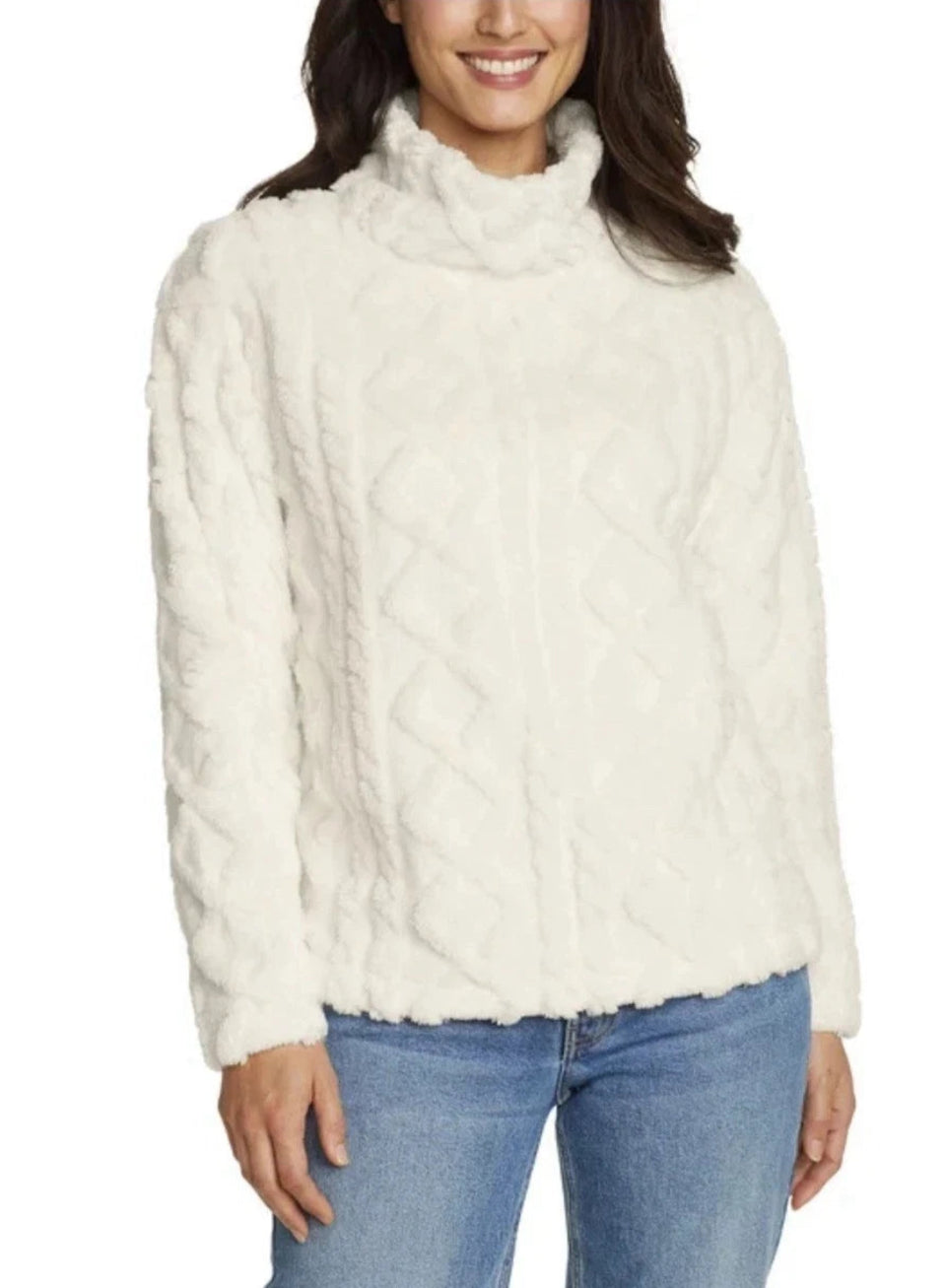 Eddie Bauer Women's Off White Ultrasoft Cable Fleece Pullover Sweater