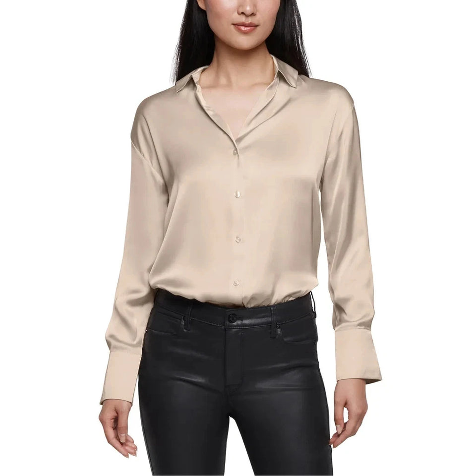 Express Women’s S Cream Solid Collared Button Front Long Sleeve Shirt