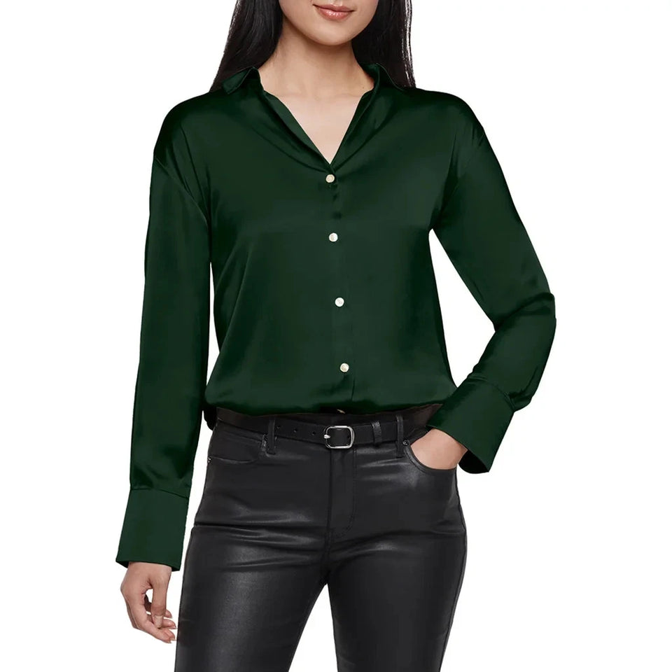 Express Women's Dark Green Satin Button Down Shirt