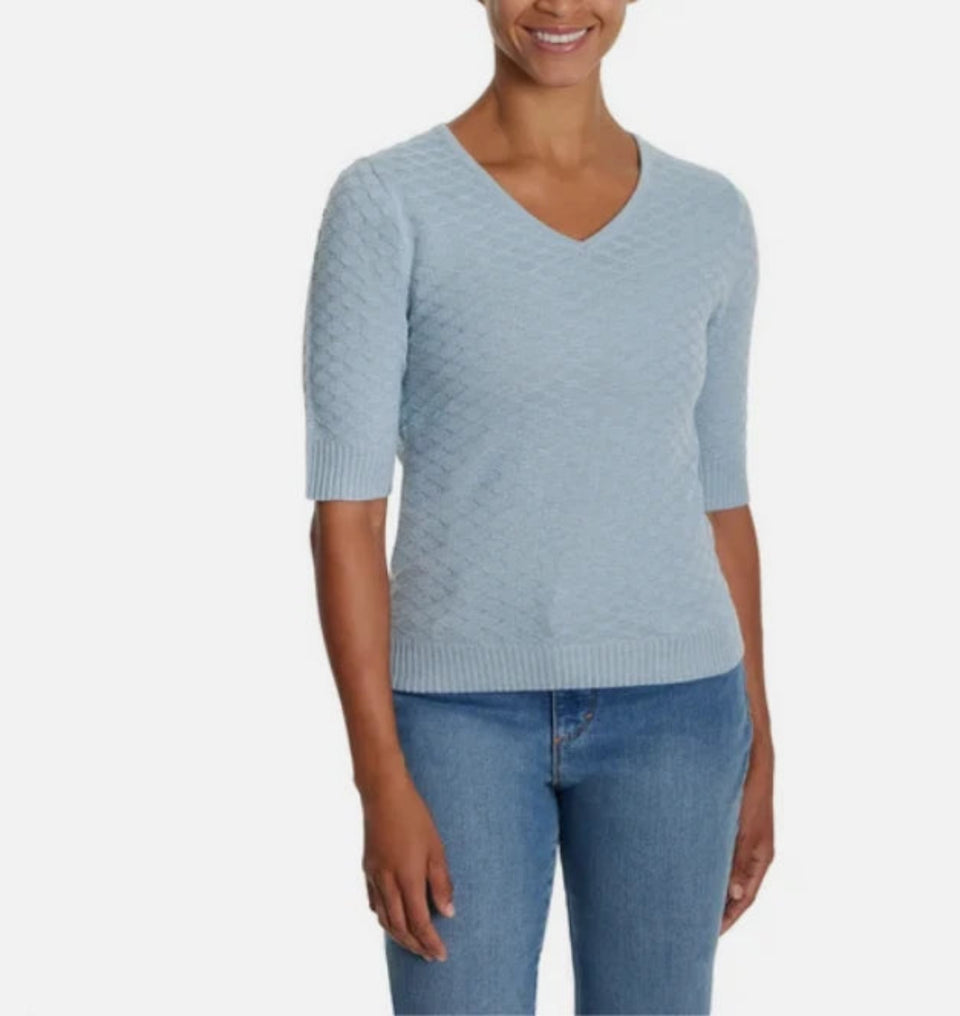 Ella Moss Women's Blue V-Neck Elbow Sleeves Blouse