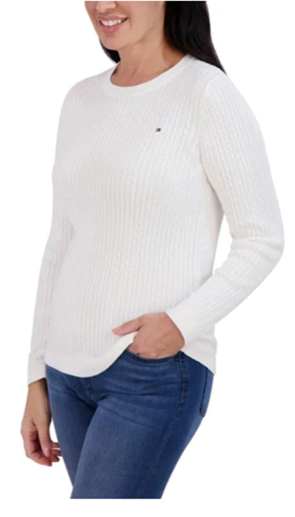 Tommy Hilfiger Women's White Long Sleeve Cotton Cable Knit Sweater