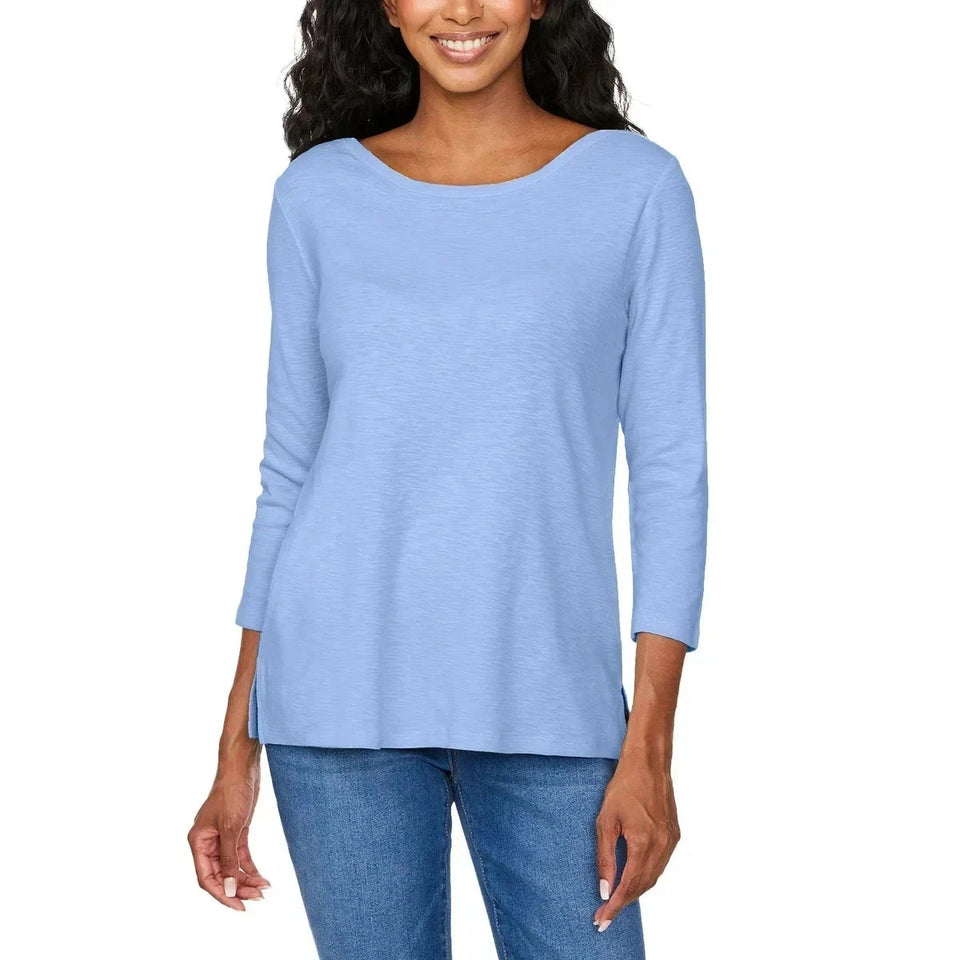 Kirkland Signature Women's Blue 3/4 Sleeve Boatneck Slub Blouse