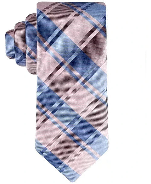 Plaid tie with blue and pink pattern on a white background