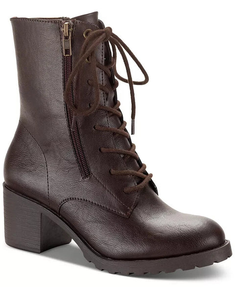Sun Stone Women's Dark Brown Sheilaa Lace-Up Zip Lug Combat Booties |Sun Stone In Lebanon