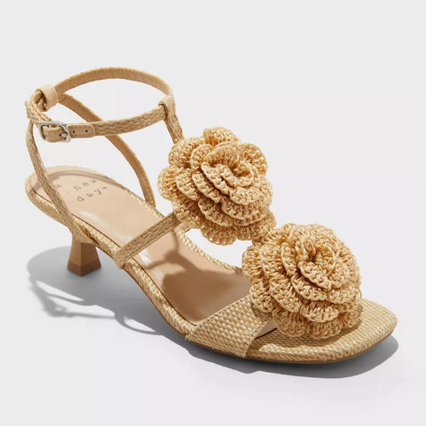 A New Day Women's Tan Esme Floral Crochet Kitten Heels | A New Day In Lebanon