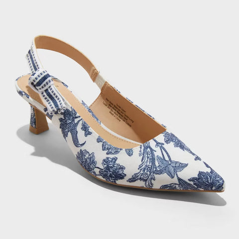 A New Day Women's White & Blue Milan Floral Print Slingback Heeled Sandals | A New Day In Lebanon