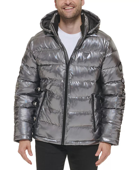 Guess Men's Silver Hooded Holographic Puffer Jacket | Guess In Lebanon