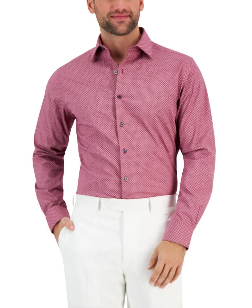 Alfani Men's Light Maroon Slim Fit Stain Resistant Puzzle Print Dress Shirt |Alfani In Lebanon