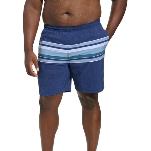 Blue striped swim shorts worn by a person on a white background