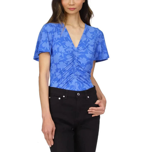 Michael Kors Women's Blue Floral Printed V-Neck Short Sleeve Blouse | Michael Kors In Lebanon