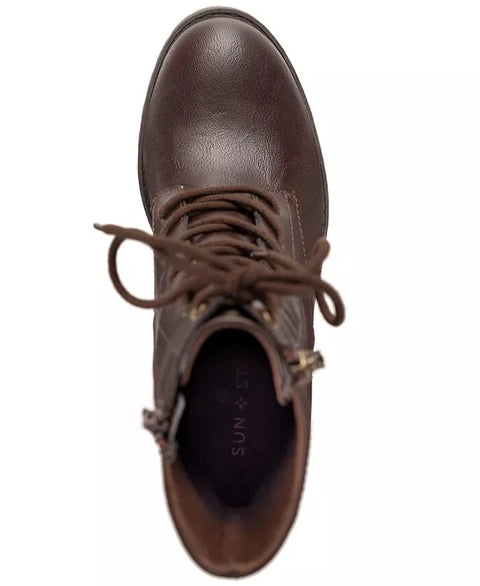 Sun Stone Women's Dark Brown Sheilaa Lace-Up Zip Lug Combat Booties |Sun Stone In Lebanon