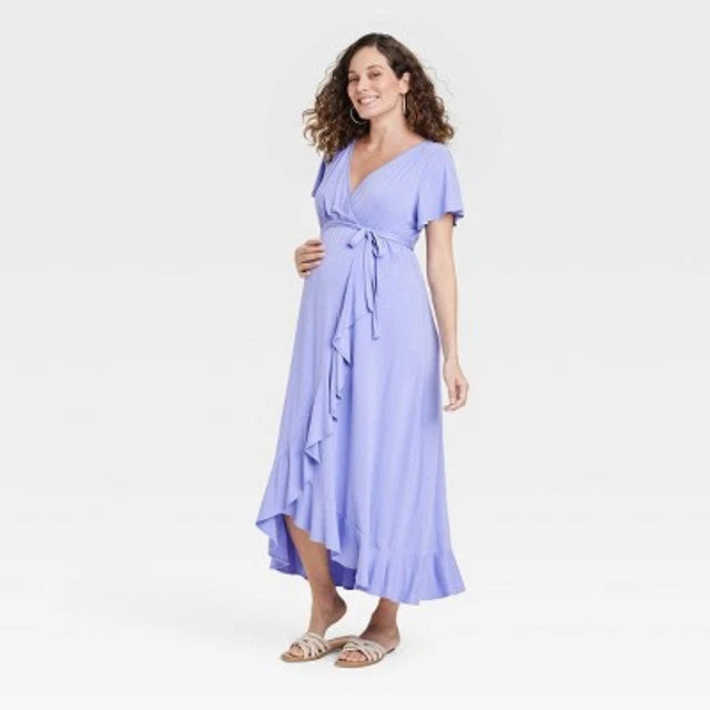 Isabel Women's Lilac Maternity Flutter Short Sleeve Knit Maxi Empire Waist Dress | Isabel In Lebanon