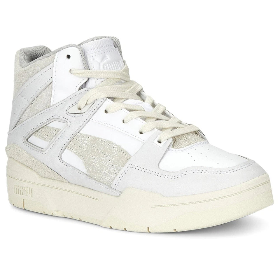 White high-top sneaker with beige accents on a white background