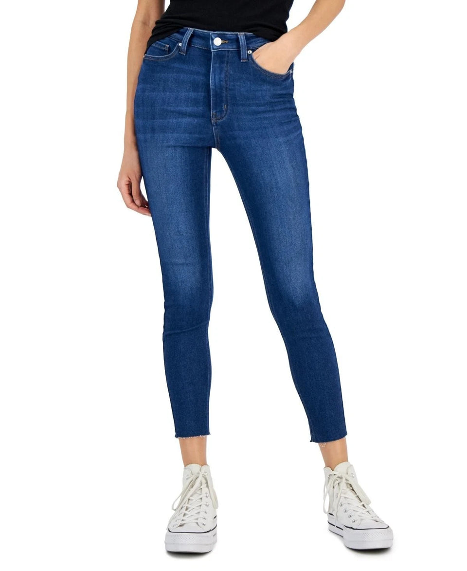 Tinseltown Women's Dark Blue Raw Hem Mid Rise Skinny-Leg Jeans | Tinseltown In Lebanon