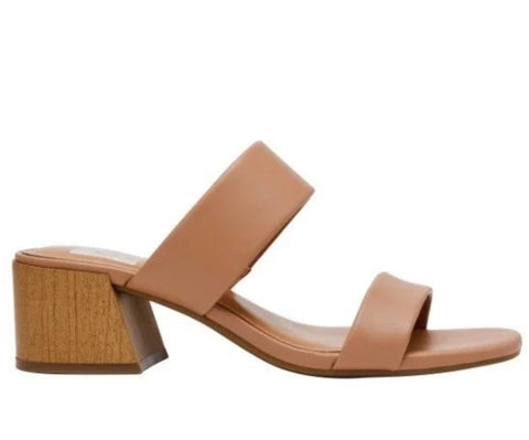 Tan sandal with wooden block heel on a white background