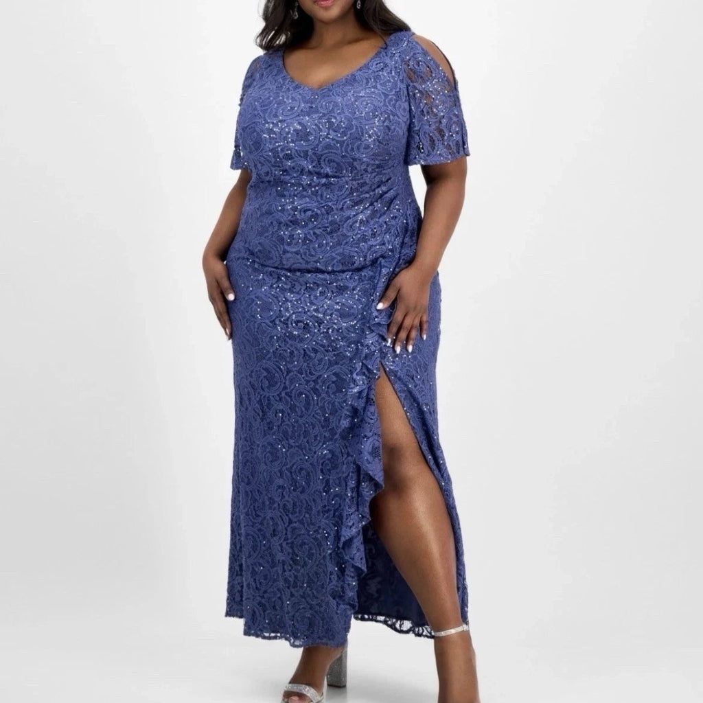 Alex Evenings Women's Dusty Blue  Plus Size V-Neck Ruffle-Trim-Slit Sequin Dress