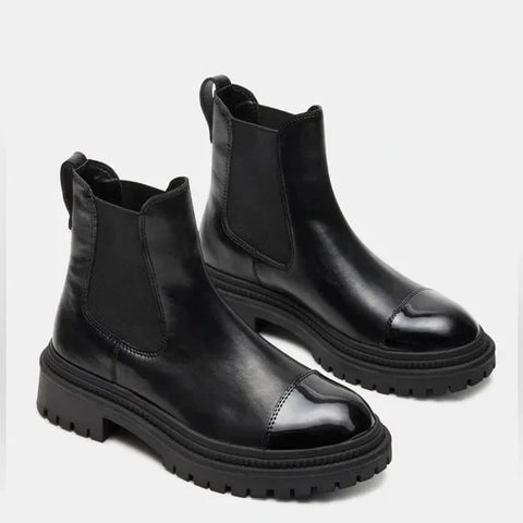 Steve Madden Women's Black Leat Mayslie Cap Toe Lug Boots | Steve Madden In Lebanon