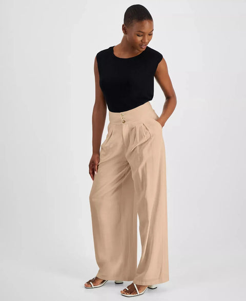 Bar III Women's Beige Petite High Rise Pleat-Front Wide Leg Pants | Bar III In Lebanon