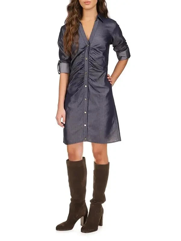 Michael Kors Women's Navy Indigo Rinse Ruched Mini Shirt Dress | Michael Kors In Lebanon