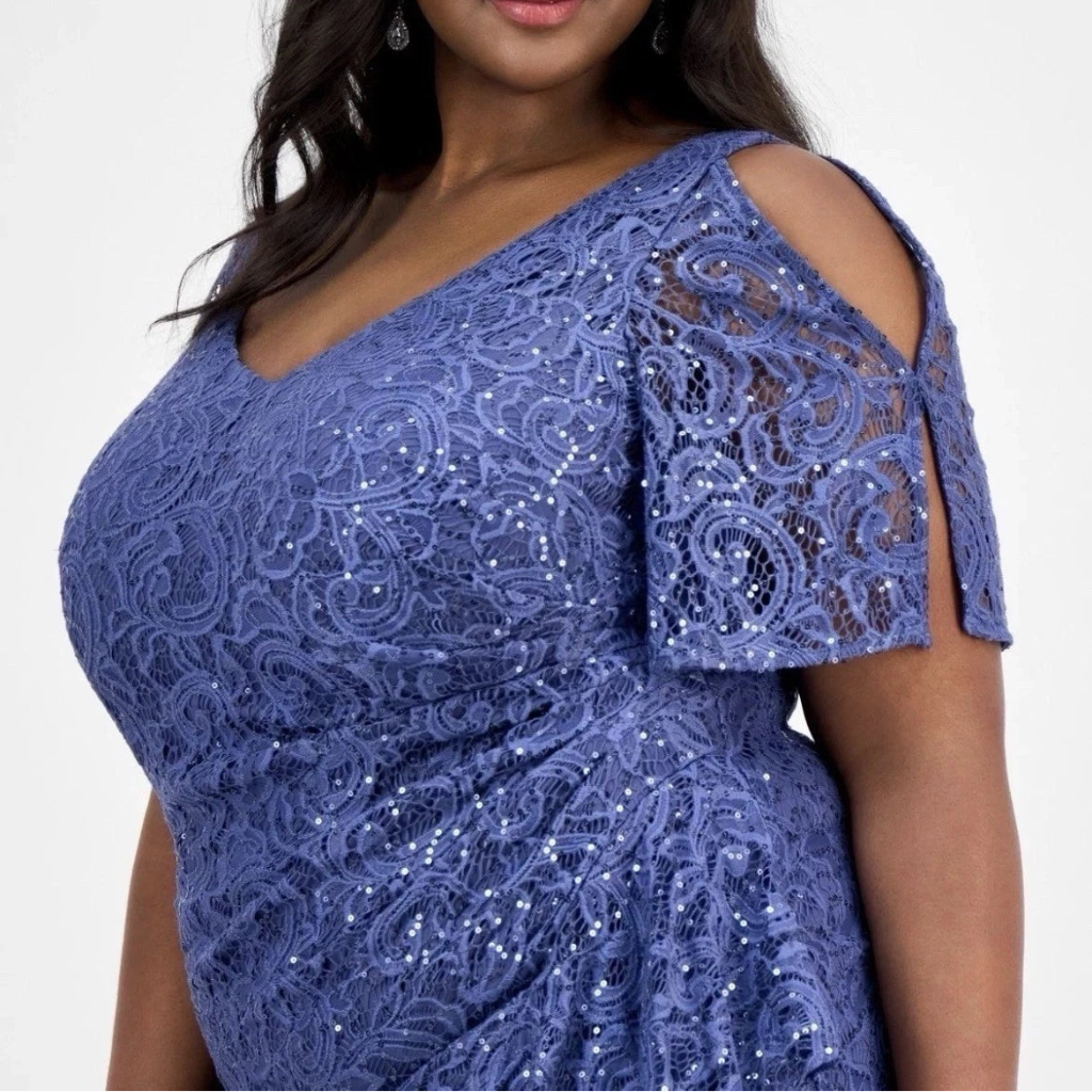 Alex Evenings Women's Dusty Blue  Plus Size V-Neck Ruffle-Trim-Slit Sequin Dress