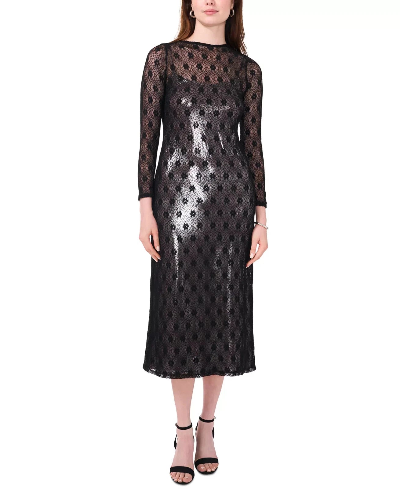 CeCe Women's Khaki & Black Metallic Lace Over Midi Dress | CeCe In Lebanon