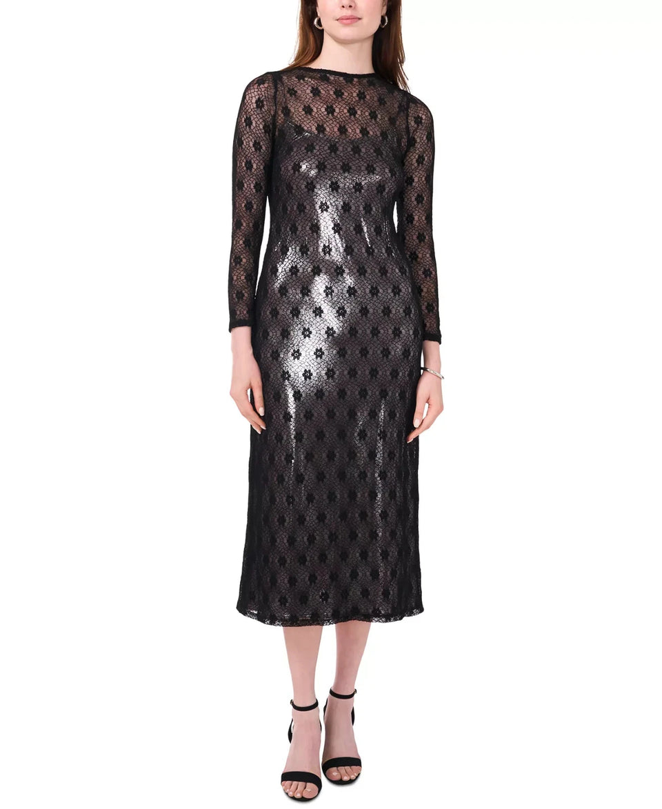 CeCe Women's Khaki & Black Metallic Lace Over Midi Dress | CeCe In Lebanon