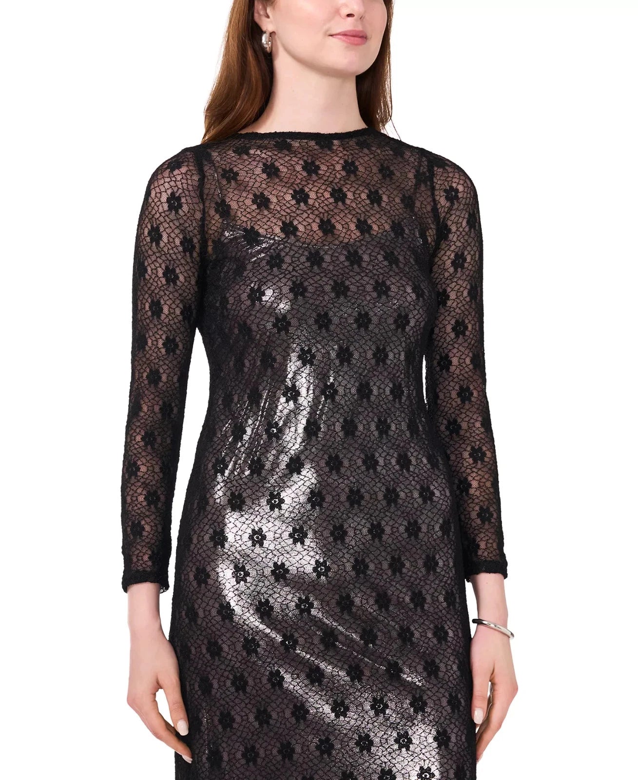 CeCe Women's Khaki & Black Metallic Lace Over Midi Dress | CeCe In Lebanon