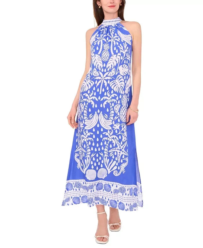 Vince Camuto Women's Blue & White Halter Sleeveless Belted Maxi A-Line Dress|Vince Camuto In Lebanon