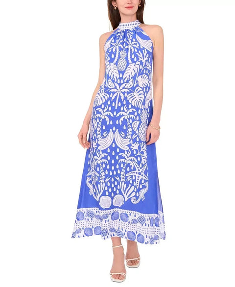 Vince Camuto Women's Blue & White Halter Sleeveless Belted Maxi A-Line Dress|Vince Camuto In Lebanon
