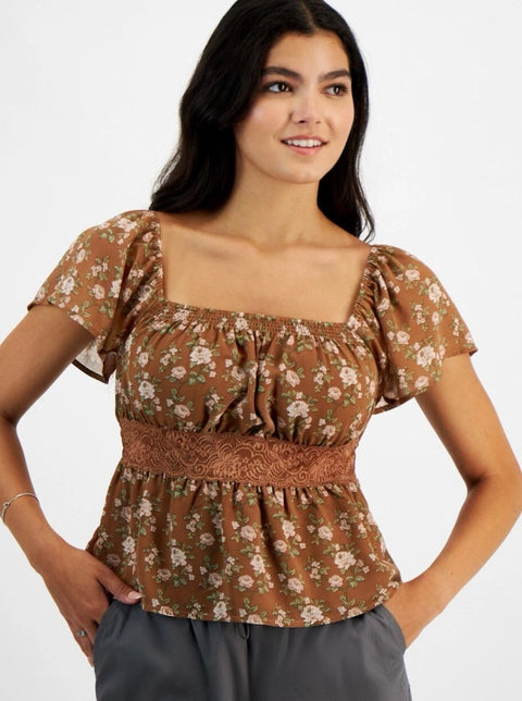 Celebrity Pink Women's Tan Floral Lace-Trim Flutter-Sleeve Blouse | Celebrity Pink In Lebanon