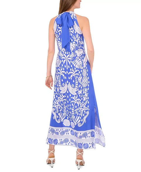 Vince Camuto Women's Blue & White Halter Sleeveless Belted Maxi A-Line Dress|Vince Camuto In Lebanon
