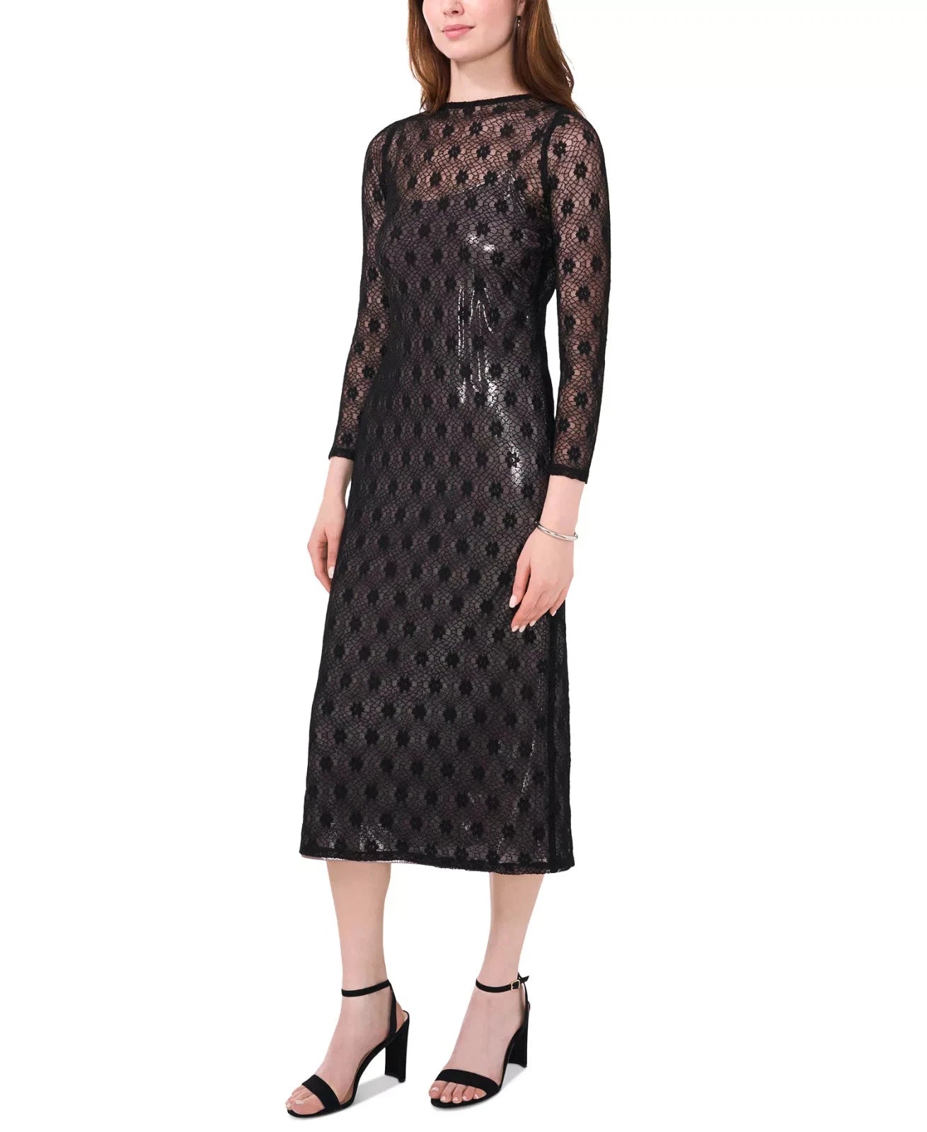 CeCe Women's Khaki & Black Metallic Lace Over Midi Dress | CeCe In Lebanon