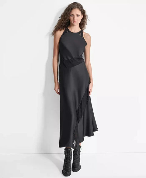DKNY Women's Black Round Neck Asymmetrical Drapey Midi Dress | DKNY In Lebanon