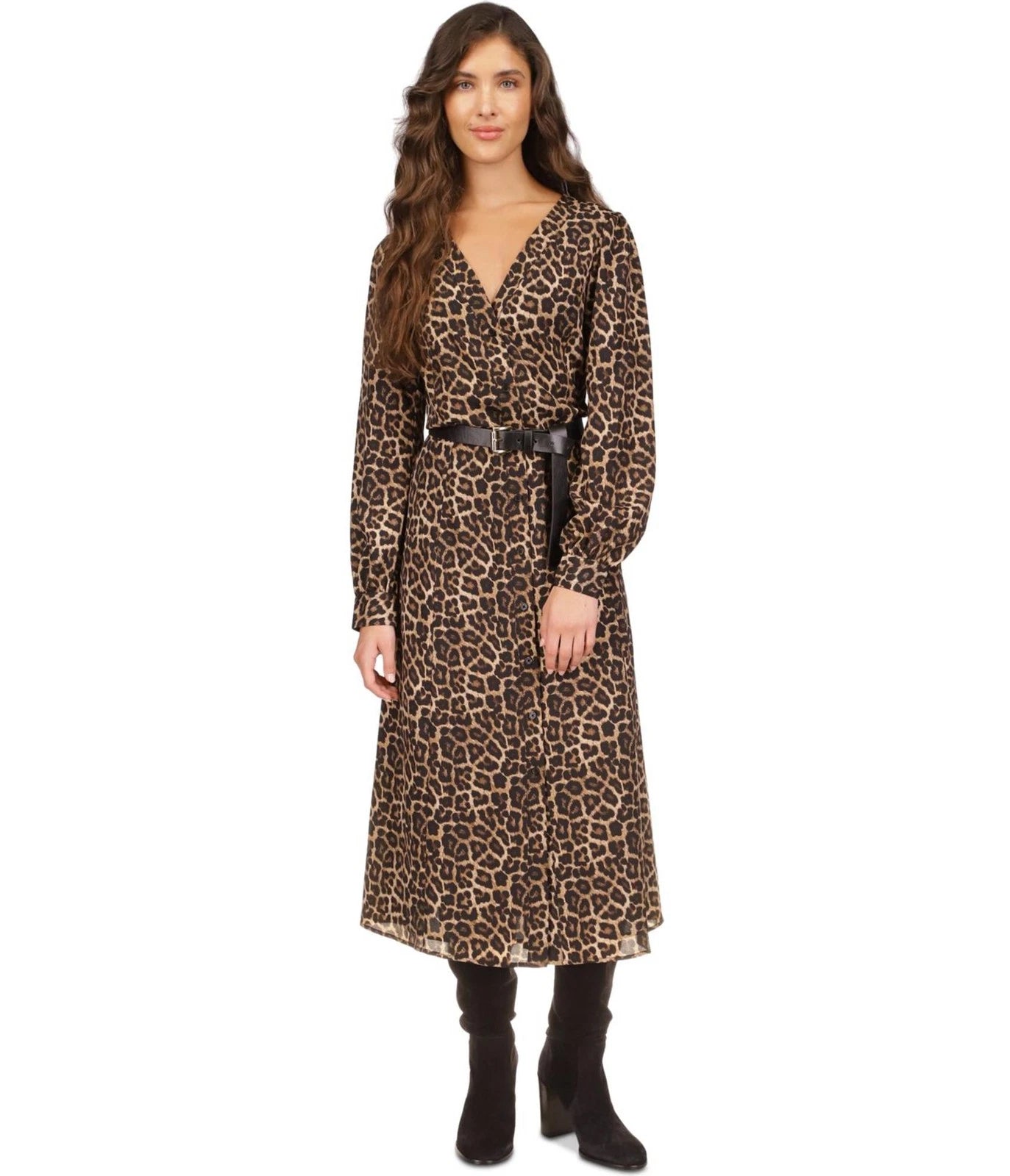 Michael Kors Women's Kate Petit Animal Print V Neck Button Down Belted Midi Dress|Michael Kors In Lebanon