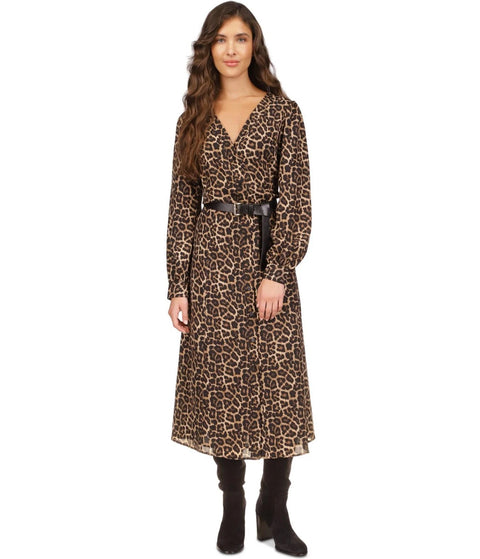 Michael Kors Women's Kate Petit Animal Print V Neck Button Down Belted Midi Dress|Michael Kors In Lebanon