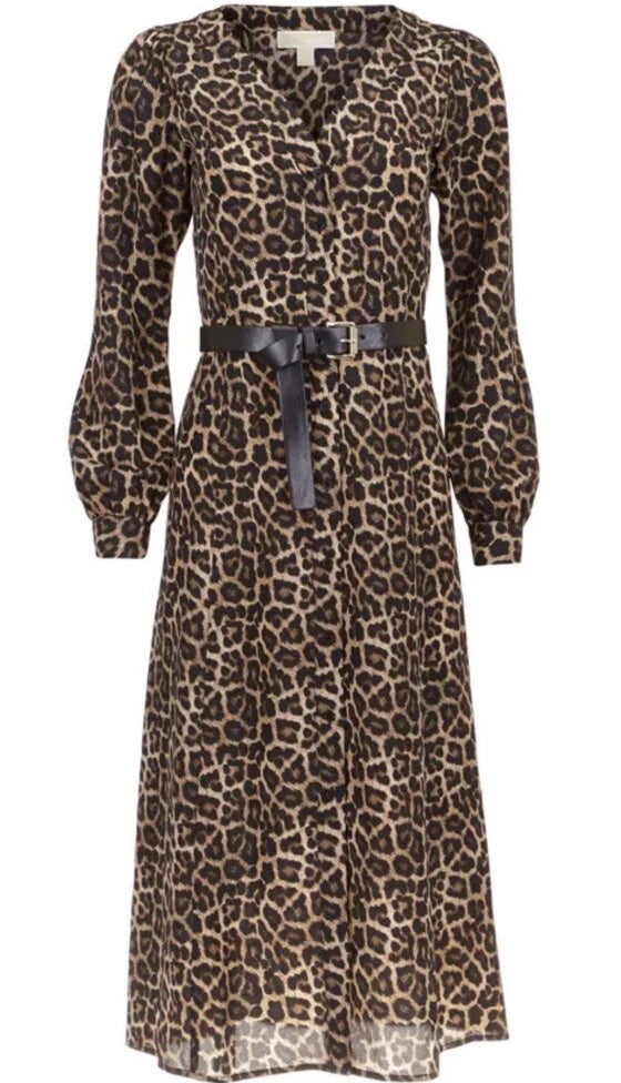Michael Kors Women's Kate Petit Animal Print V Neck Button Down Belted Midi Dress|Michael Kors In Lebanon