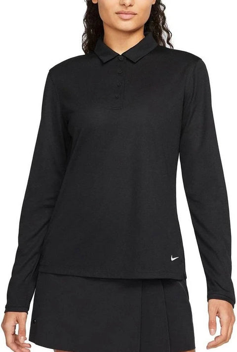 Black long-sleeve polo shirt worn by a person on a white background