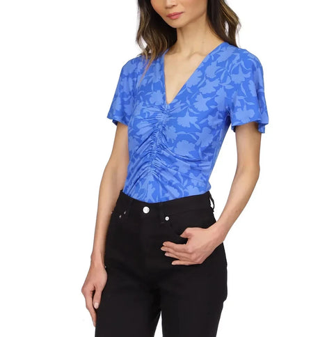 Michael Kors Women's Blue Floral Printed V-Neck Short Sleeve Blouse | Michael Kors In Lebanon