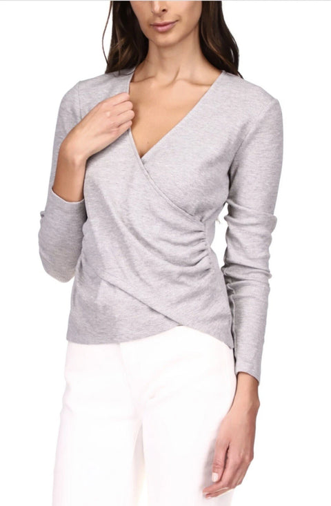 Michael Kors Women's Gray Ribbed Faux-Wrap Top |Michael Kors In Lebanon