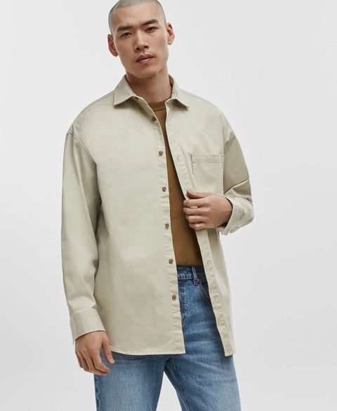 Mode of One Men's Beige Relaxed-Fit Button-Down Twill Shirt | Mode of One In Lebanon