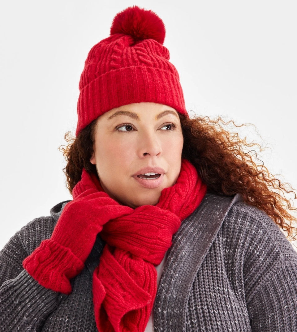 Style & Co Women's Red Shine Pom-Pom Cable Knit Beanie