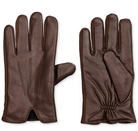 Pair of brown leather gloves on a white background