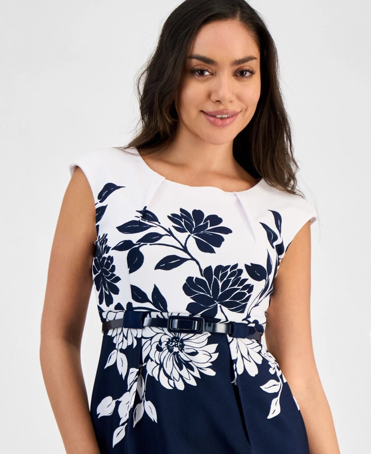 Connected Women's Navy & White Petite Printed Cap-Sleeve Belted Sheath Dress|Connected In Lebanon