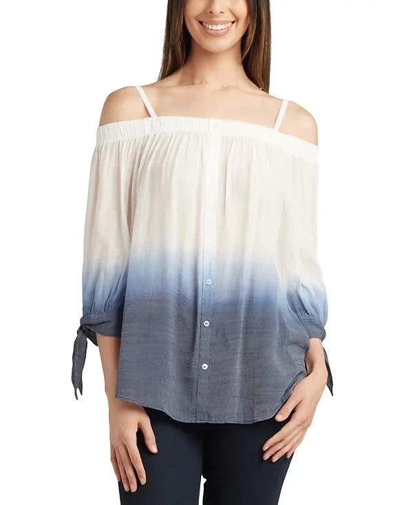 BCX Women's Ice White & Blue Umbre Off Shoulder Dip-Dyed 3/4-Sleeve Blouse | BCX In Lebanon