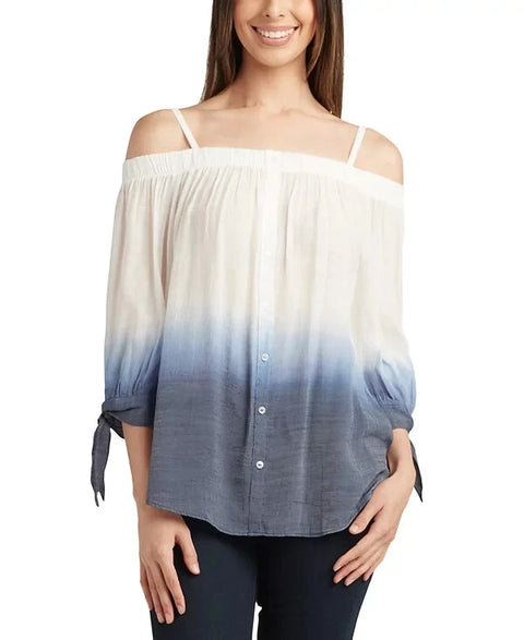 BCX Women's Ice White & Blue Umbre Off Shoulder Dip-Dyed 3/4-Sleeve Blouse | BCX In Lebanon