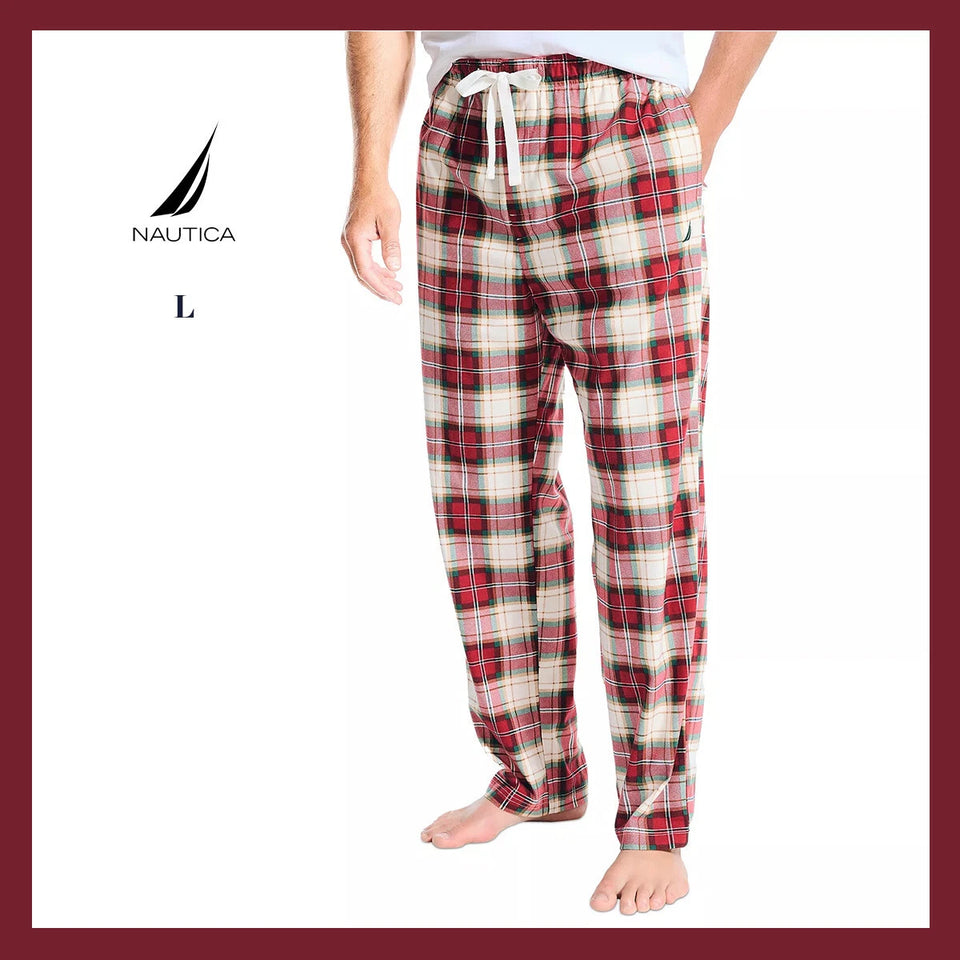 Plaid pajama pants with Nautica logo on a white background