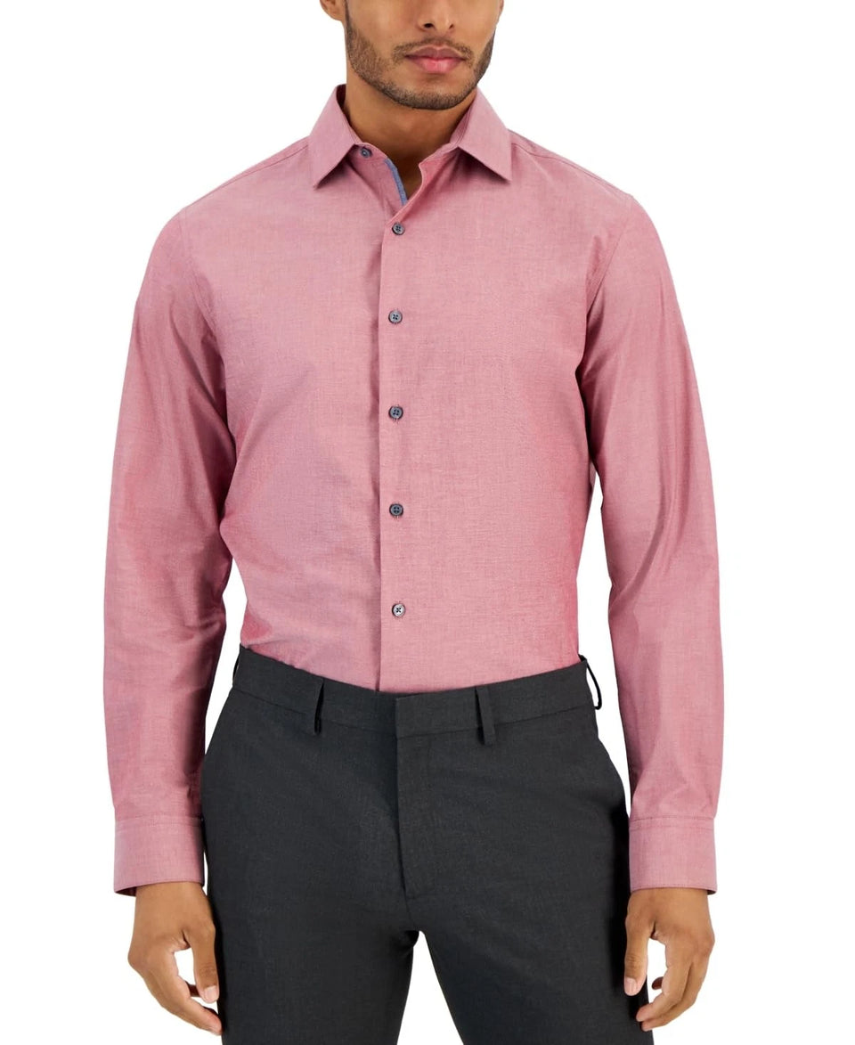 Bar III Men's Light Maroon Slim Fit Chambray Cotton Blend Stretch Dress Shirt | Bar III In Lebanon